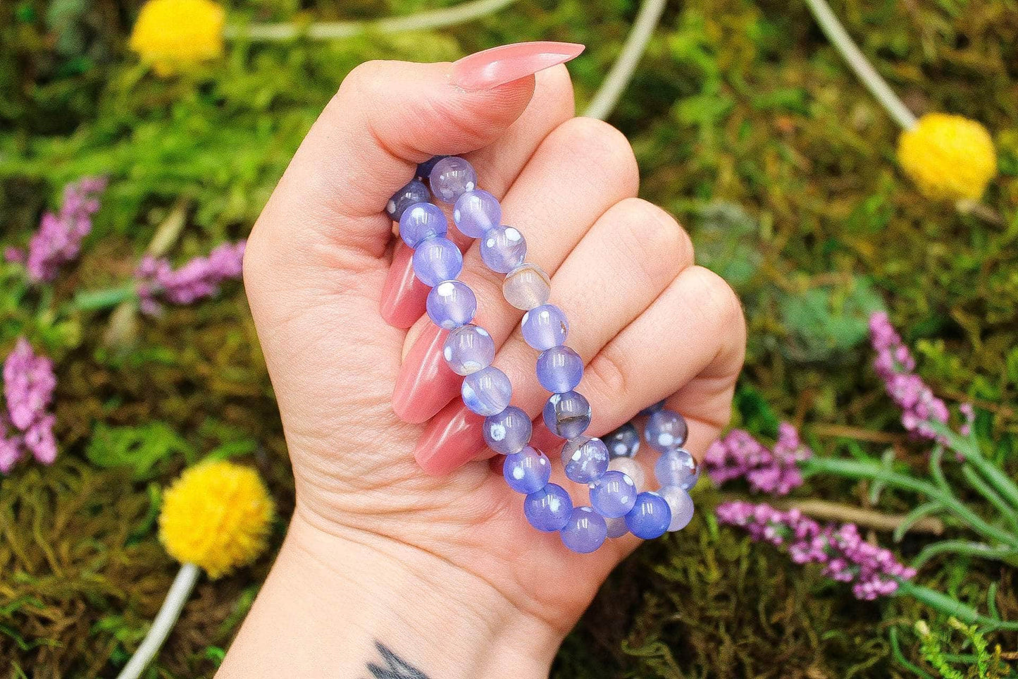 6-11 Crystals Crystal Blue Dyed Orca Agate - Peace Round Bead Gemstone Bracelets