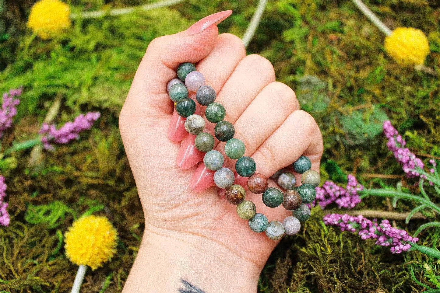 6-11 Crystals Crystal India Moss Agate - Abundance Round Bead Gemstone Bracelets