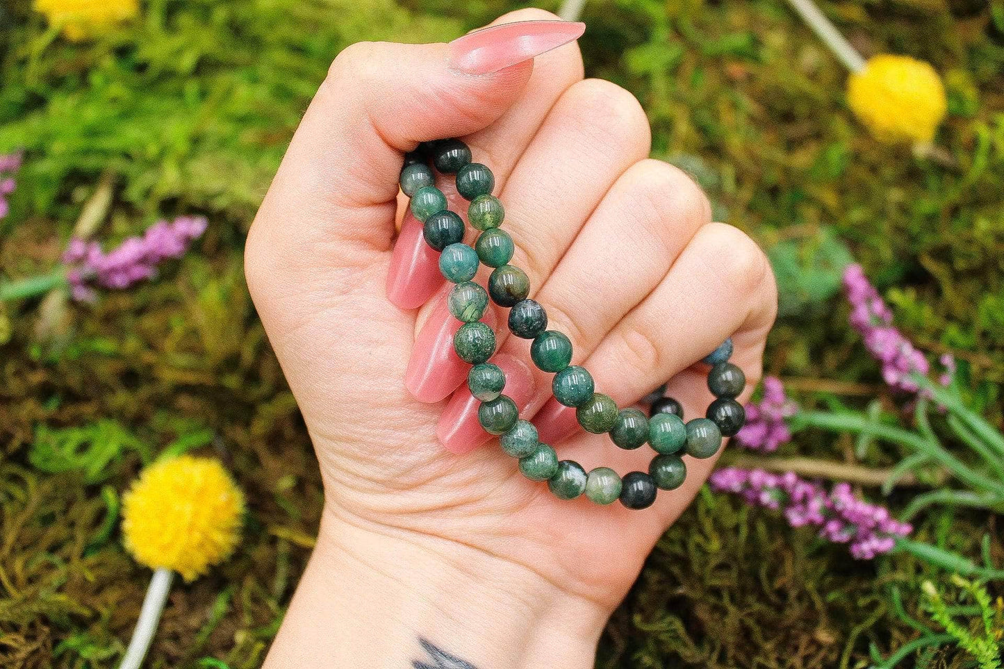 6-11 Crystals Crystal Moss Agate - Heart Healing Round Bead Gemstone Bracelets