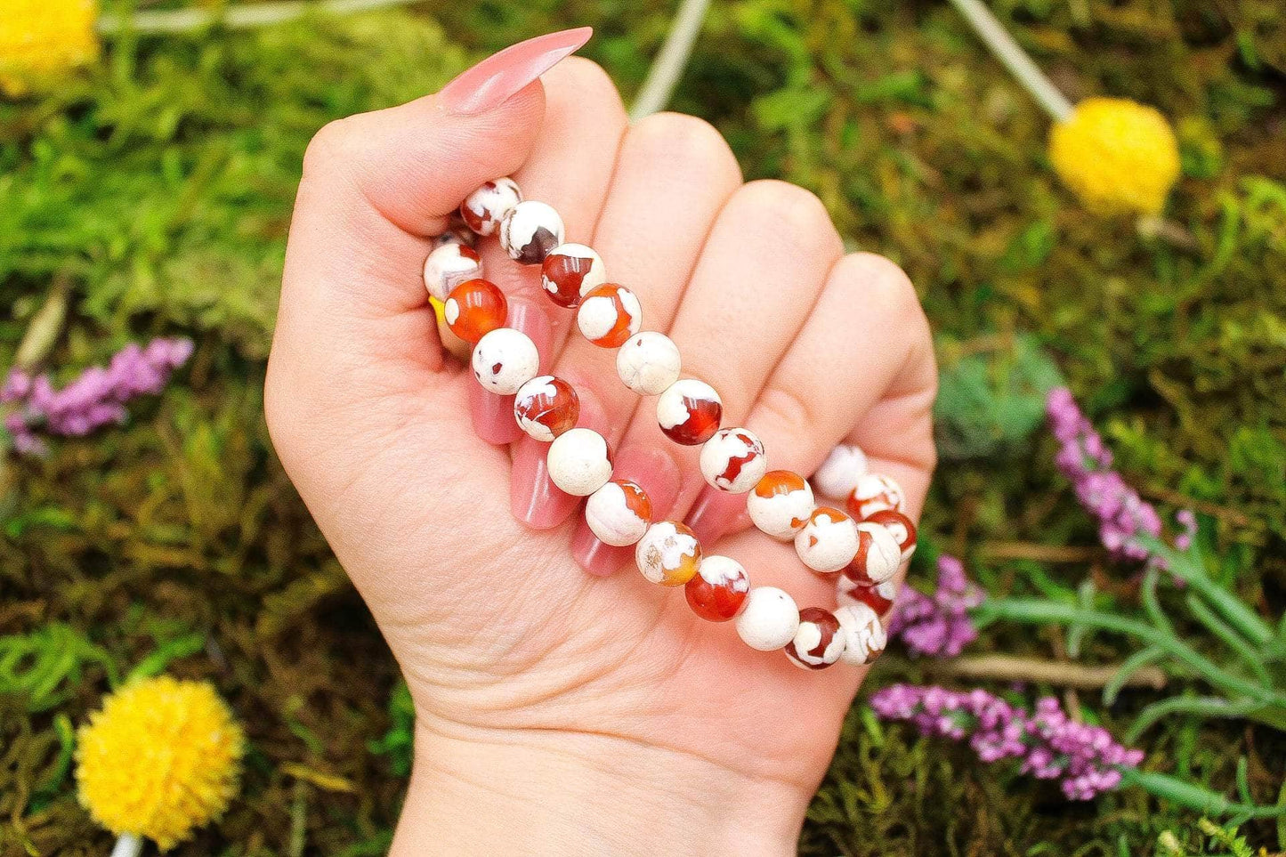 6-11 Crystals Crystal Orange Dyed Orca Agate - Peace Round Bead Gemstone Bracelets