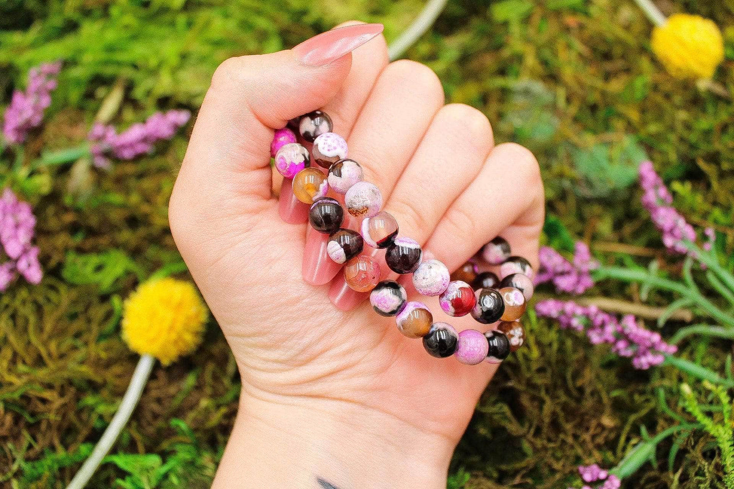 6-11 Crystals Crystal Pink Dyed Orca Agate - Peace Round Bead Gemstone Bracelets