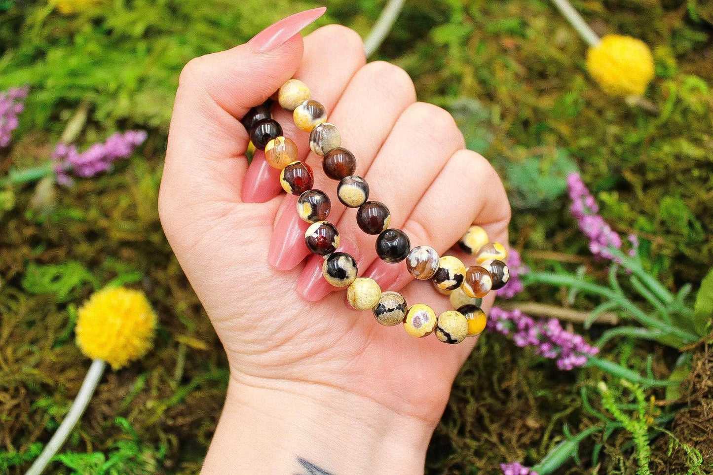 6-11 Crystals Crystal Yellow Dyed Orca Agate - Peace Round Bead Gemstone Bracelets