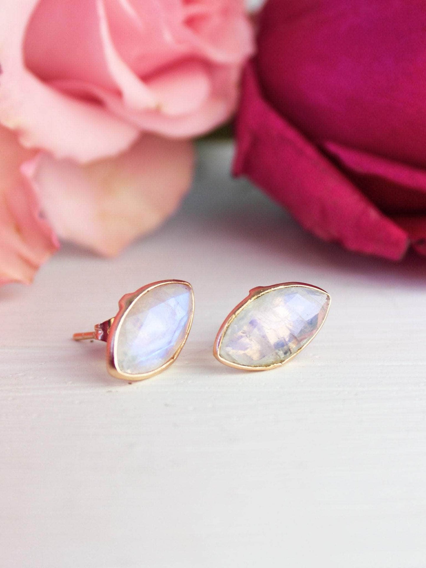 Ash & Rose earrings Rainbow Moonstone Mila Leaf Earrings - Rose Gold Mila Leaf Earrings - Rose Gold