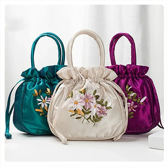 Ultimate Bag Store Mini Embroidered Flower Pattern Drawstring Bag Small Women Bucket Bag Top Handle Ladies Handbag Phone Bag Summer Purse Mini Embroidered Flower Pattern Drawstring Bag Small Women Bucket Bag Top Handle Ladies Handbag Phone Bag Summer Purse