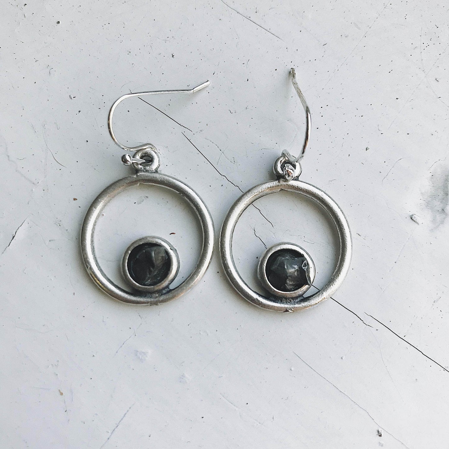 Yugen Handmade Earrings Circle Silver Earrings with Raw Meteorite Circle Silver Earrings with Raw Meteorite