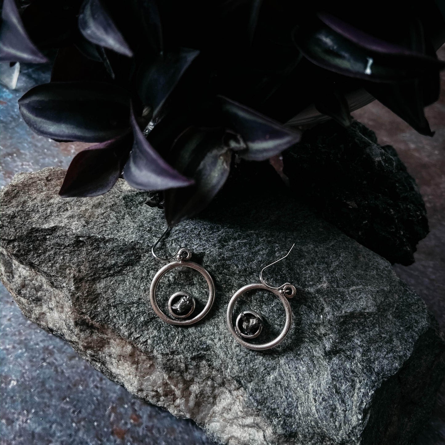 Yugen Handmade Earrings Circle Silver Earrings with Raw Meteorite Circle Silver Earrings with Raw Meteorite