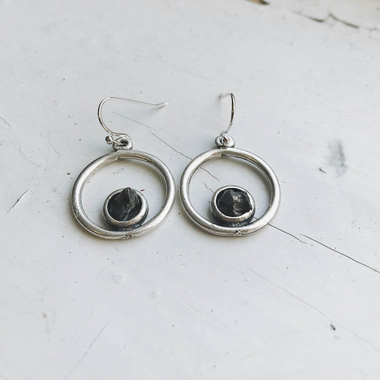 Yugen Handmade Earrings Circle Silver Earrings with Raw Meteorite Circle Silver Earrings with Raw Meteorite