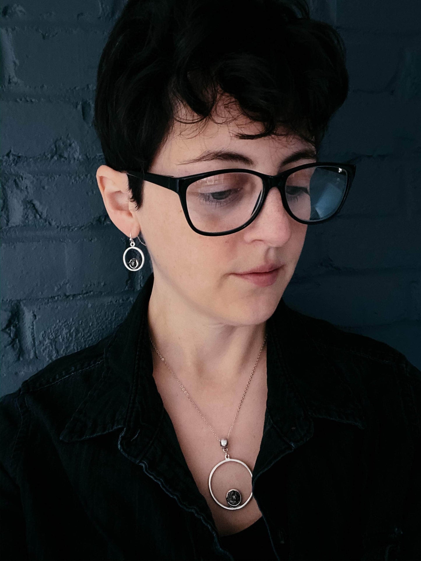 Yugen Handmade Earrings Circle Silver Earrings with Raw Meteorite Circle Silver Earrings with Raw Meteorite