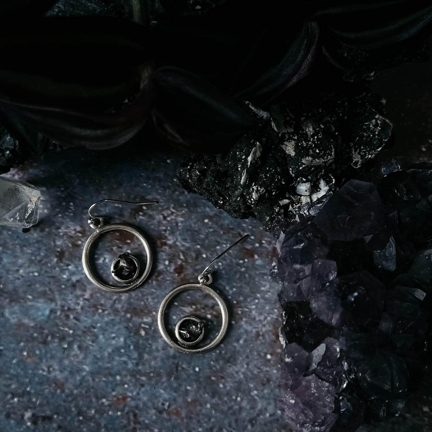 Yugen Handmade Earrings Circle Silver Earrings with Raw Meteorite Circle Silver Earrings with Raw Meteorite