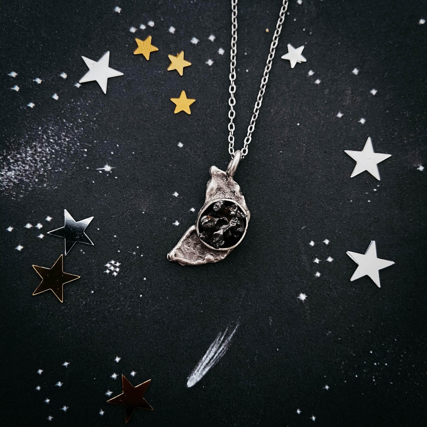 Yugen Handmade Necklace Crescent Moon Necklace with Authentic Meteorite Crescent Moon Necklace with Authentic Meteorite