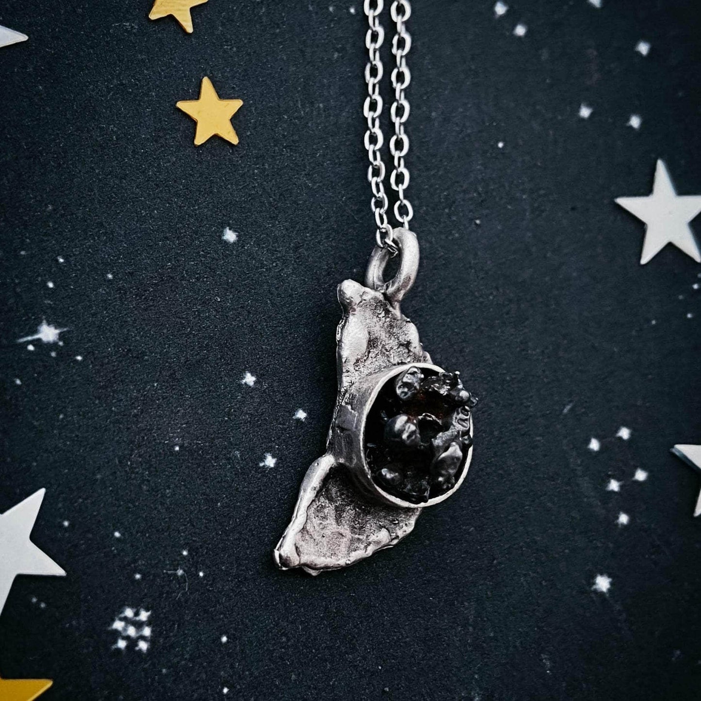 Yugen Handmade Necklace Crescent Moon Necklace with Authentic Meteorite Crescent Moon Necklace with Authentic Meteorite