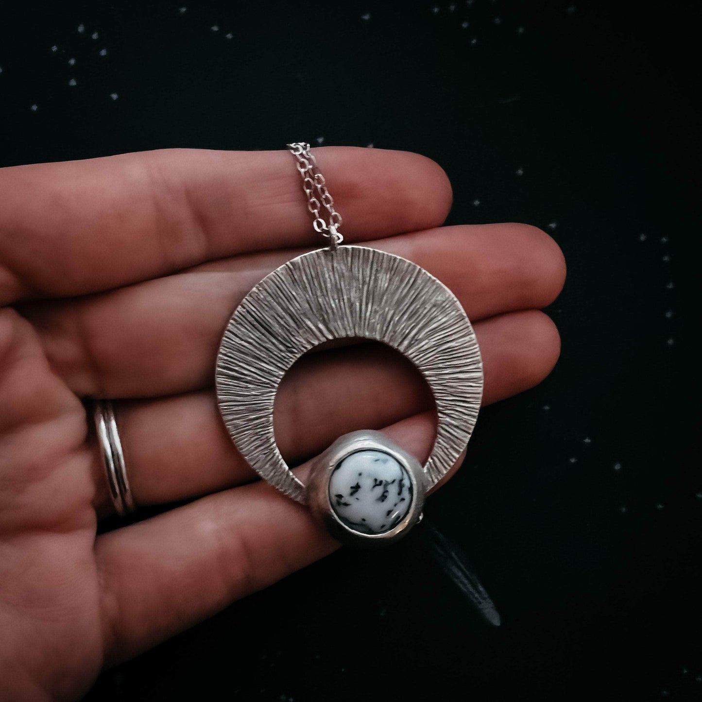 Yugen Handmade Necklace Crescent Moon Pendant with Dendritic Agate Crescent Moon Pendant with Dendritic Agate