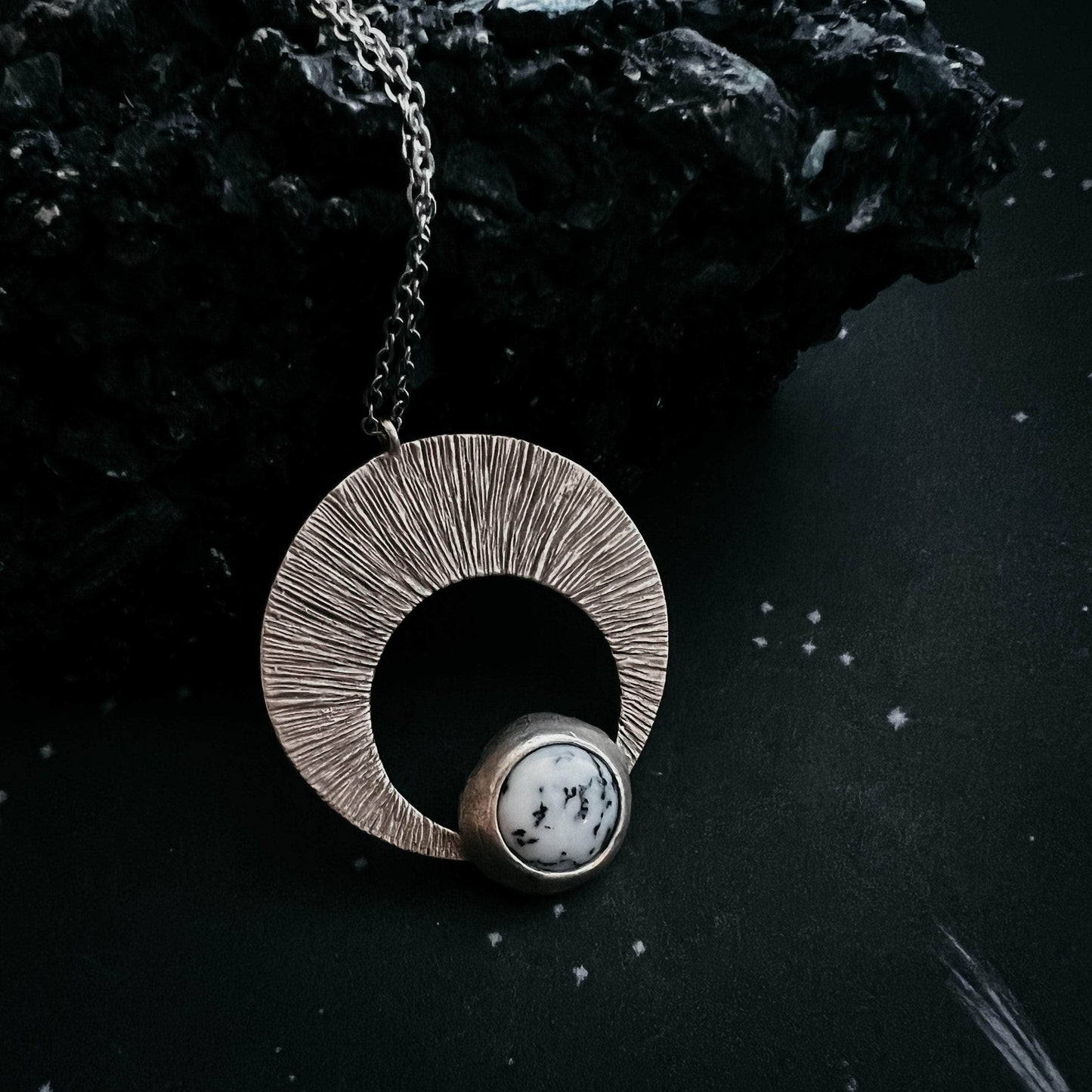 Yugen Handmade Necklace Crescent Moon Pendant with Dendritic Agate Crescent Moon Pendant with Dendritic Agate