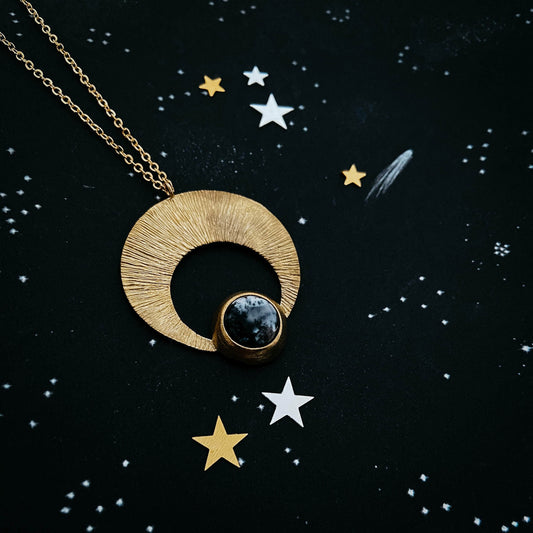 Yugen Handmade Necklace Gold Crescent Moon Pendant with Dendritic Agate Crescent Moon Pendant with Dendritic Agate