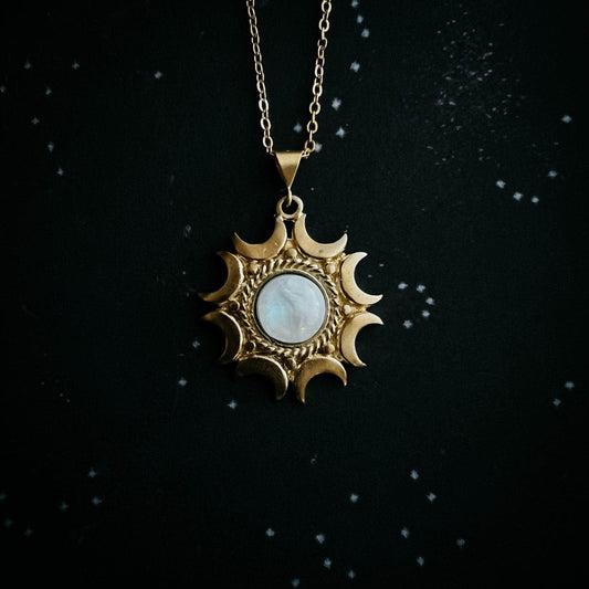 Yugen Handmade Necklace Gold Tone Lunar Witch Necklace - Rainbow Moonstone Pendant Lunar Witch Necklace - Rainbow Moonstone Pendant