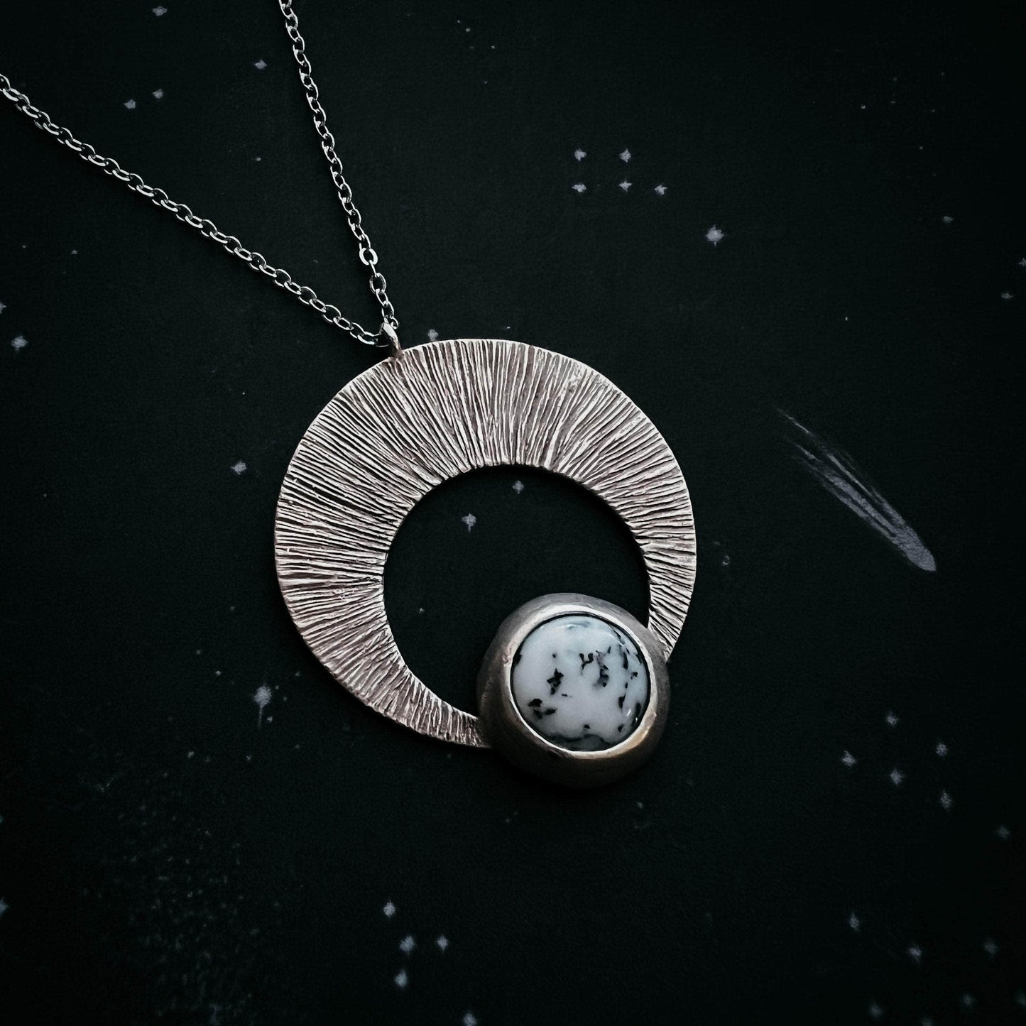 Yugen Handmade Necklace Silver Crescent Moon Pendant with Dendritic Agate Crescent Moon Pendant with Dendritic Agate