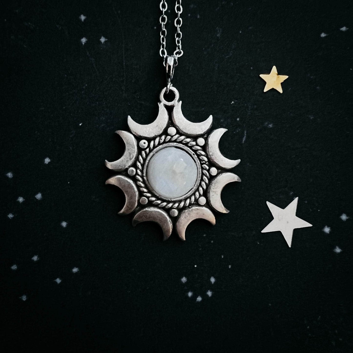 Yugen Handmade Necklace Silver Tone Lunar Witch Necklace - Rainbow Moonstone Pendant Lunar Witch Necklace - Rainbow Moonstone Pendant