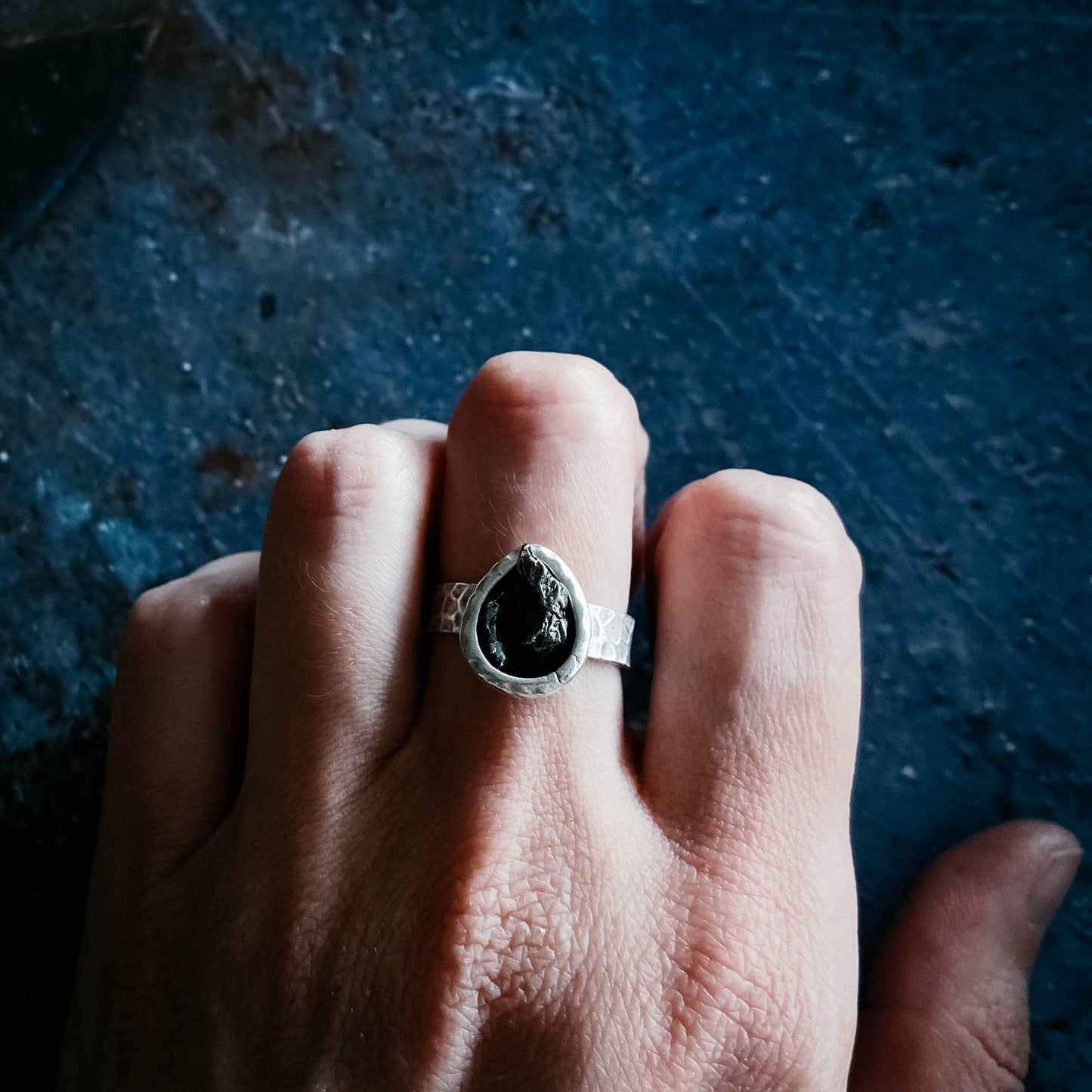 Yugen Handmade Ring Chunky Teardrop Raw Meteorite Ring in Silver Chunky Teardrop Raw Meteorite Ring in Silver
