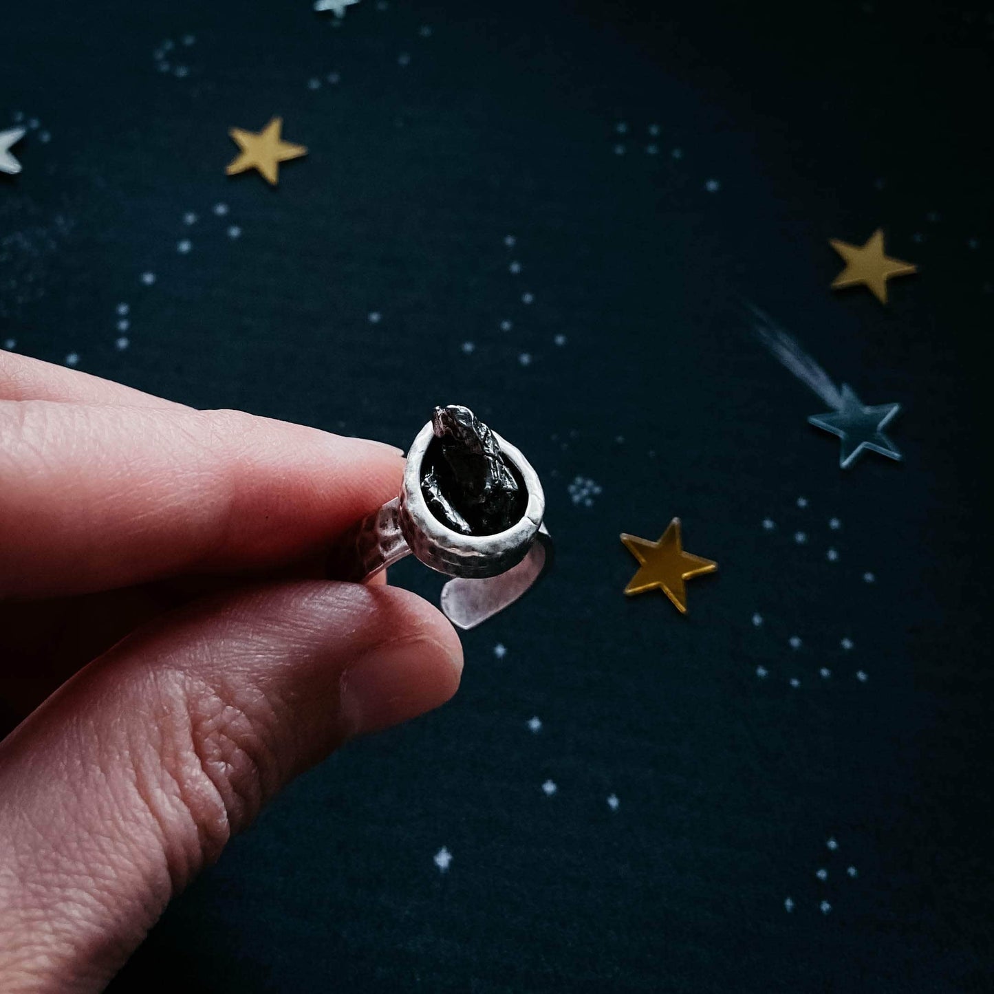 Yugen Handmade Ring Chunky Teardrop Raw Meteorite Ring in Silver Chunky Teardrop Raw Meteorite Ring in Silver