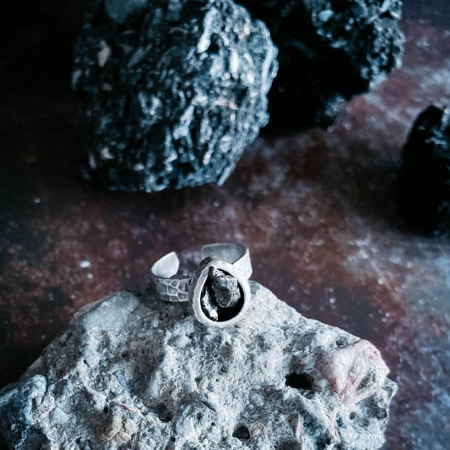 Yugen Handmade Ring Chunky Teardrop Raw Meteorite Ring in Silver Chunky Teardrop Raw Meteorite Ring in Silver