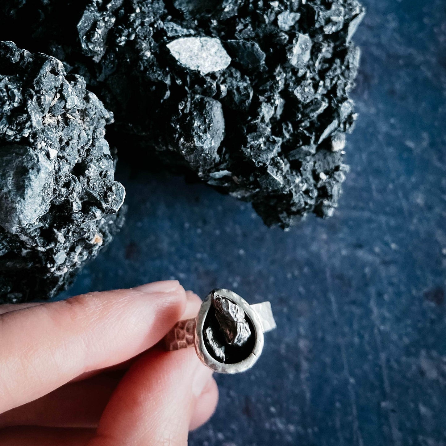 Yugen Handmade Ring Chunky Teardrop Raw Meteorite Ring in Silver Chunky Teardrop Raw Meteorite Ring in Silver