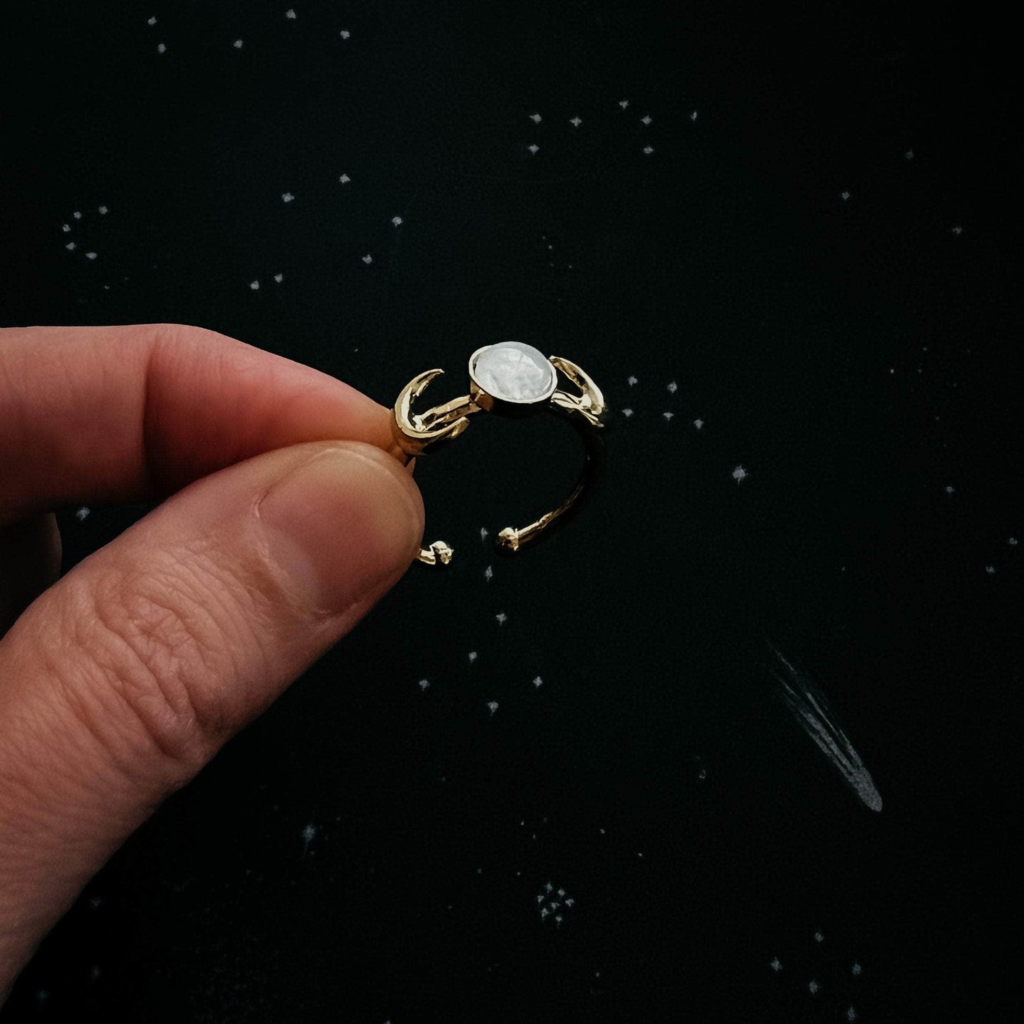 Yugen Handmade Ring Gold Lunar Witch Crescent Moon Ring with Rainbow Moonstone Lunar Witch Crescent Moon Ring with Rainbow Moonstone