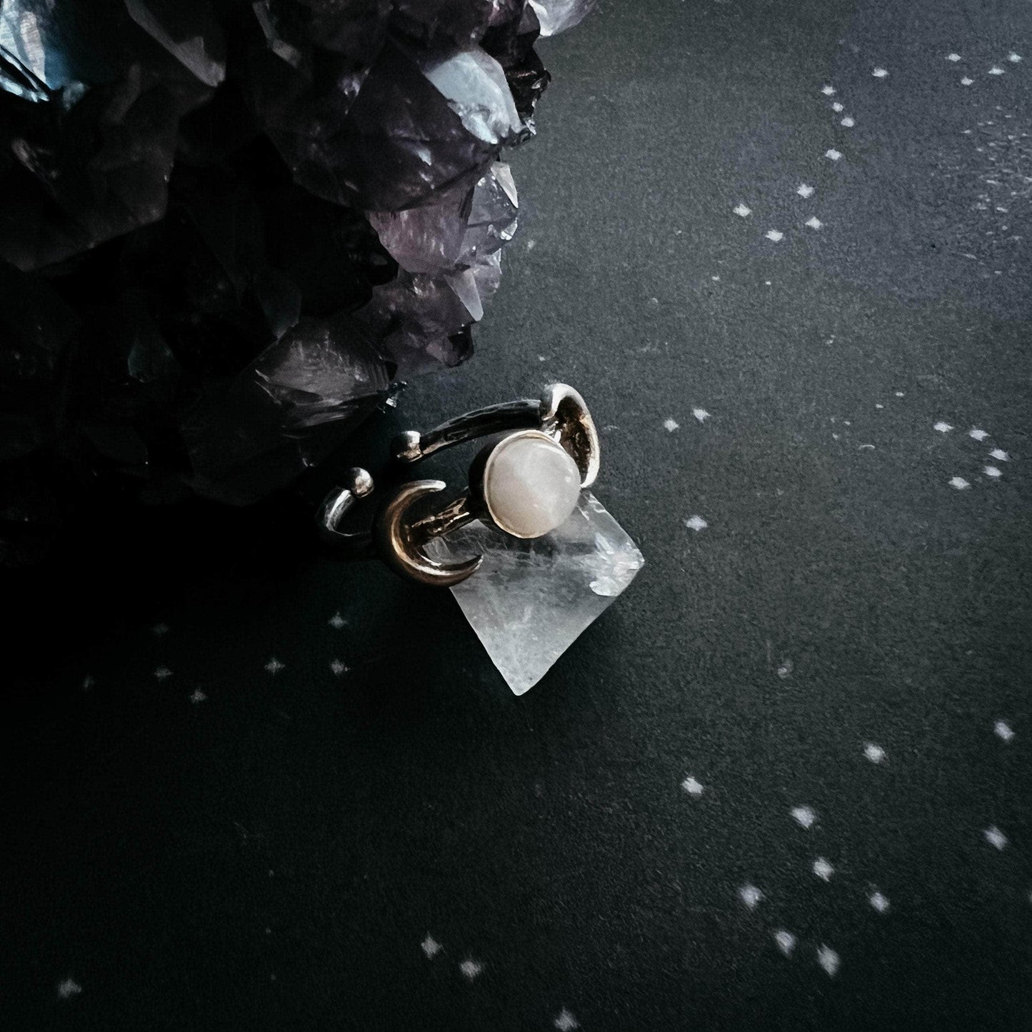 Yugen Handmade Ring Lunar Witch Crescent Moon Ring with Rainbow Moonstone Lunar Witch Crescent Moon Ring with Rainbow Moonstone
