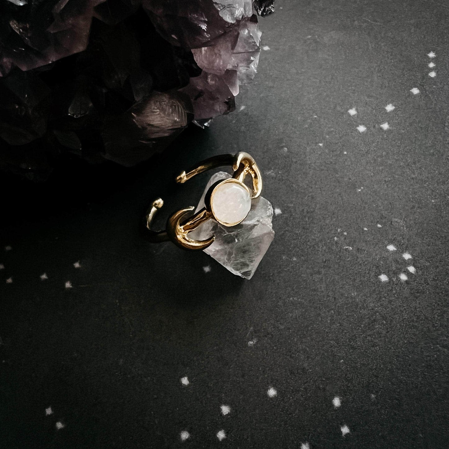 Yugen Handmade Ring Lunar Witch Crescent Moon Ring with Rainbow Moonstone Lunar Witch Crescent Moon Ring with Rainbow Moonstone
