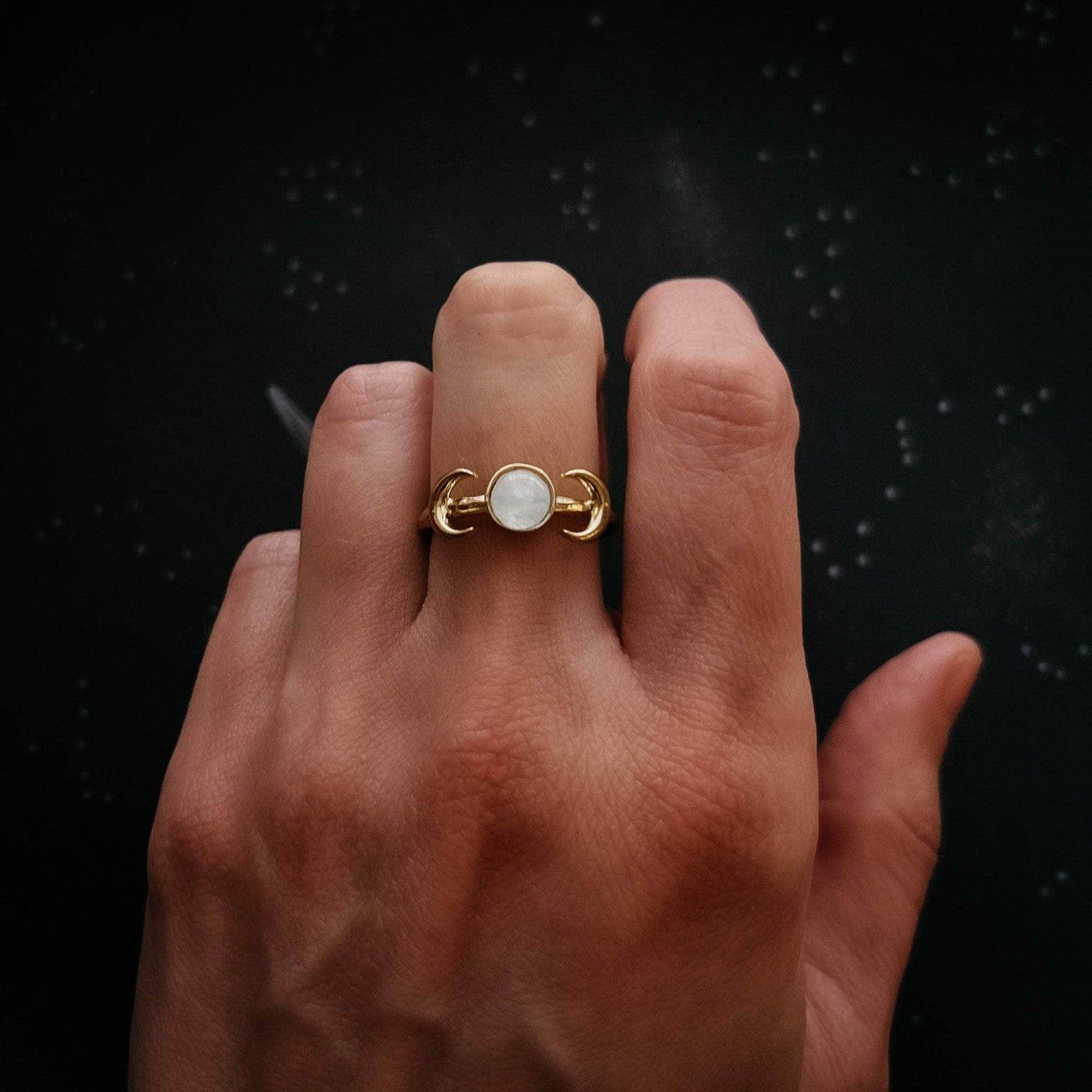 Yugen Handmade Ring Lunar Witch Crescent Moon Ring with Rainbow Moonstone Lunar Witch Crescent Moon Ring with Rainbow Moonstone