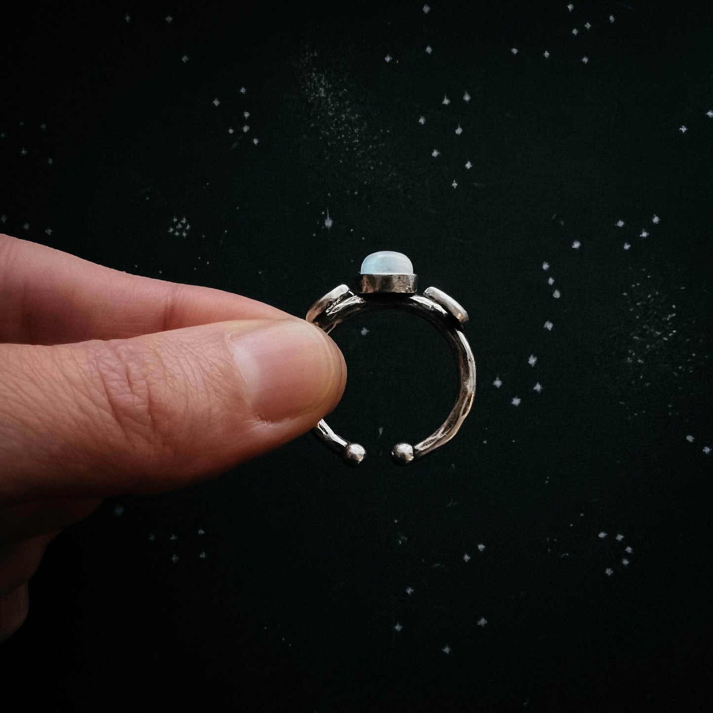 Yugen Handmade Ring Lunar Witch Crescent Moon Ring with Rainbow Moonstone Lunar Witch Crescent Moon Ring with Rainbow Moonstone