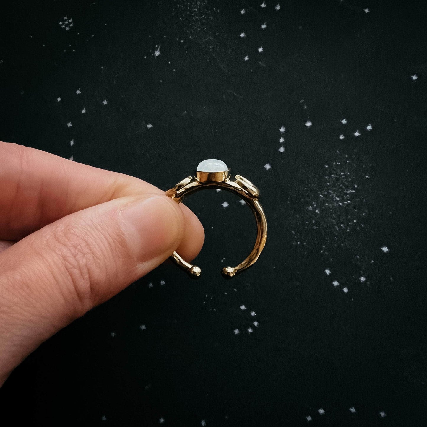 Yugen Handmade Ring Lunar Witch Crescent Moon Ring with Rainbow Moonstone Lunar Witch Crescent Moon Ring with Rainbow Moonstone