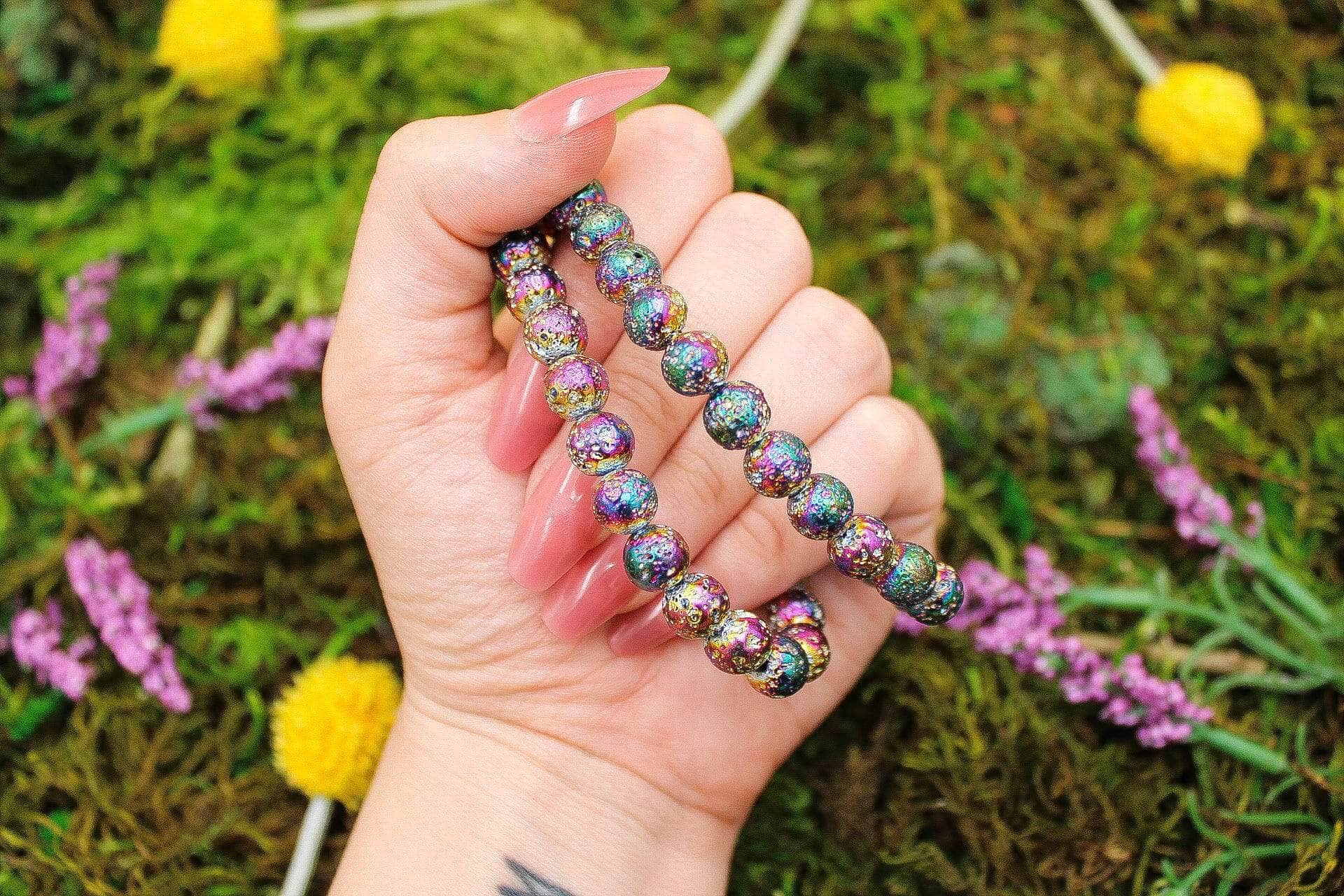 6-11 Crystals Crystal Aura Lava - Grounding Round Bead Gemstone Bracelets