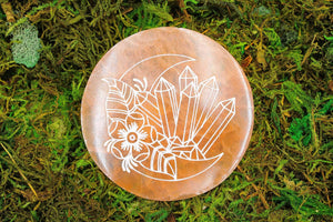 6-11 Crystals Crystal, decor Peach Selenite Crystal Moon Selenite Carved Charging Plates 4.25"