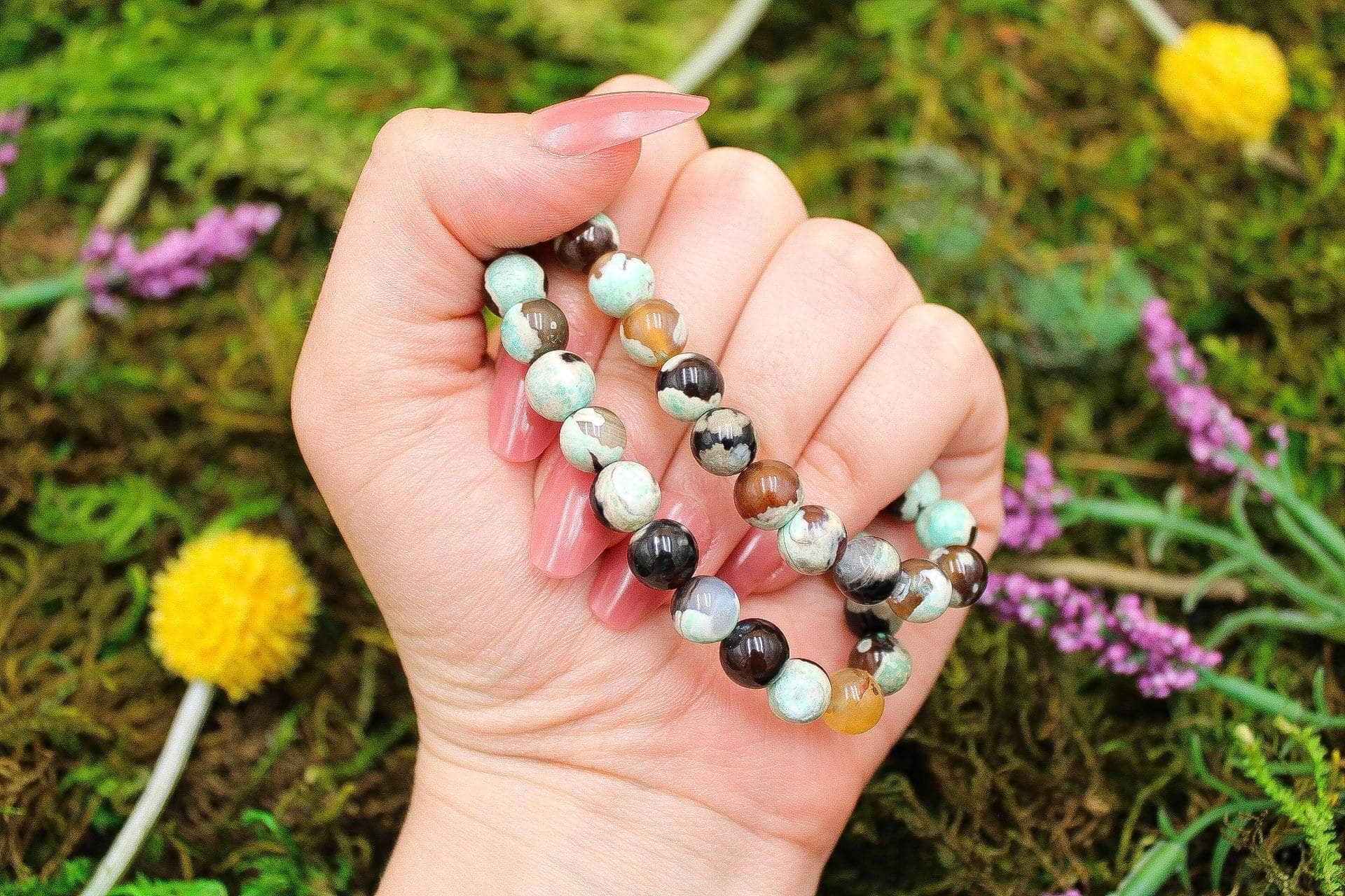 6-11 Crystals Crystal Green Dyed Orca Agate - Peace Round Bead Gemstone Bracelets