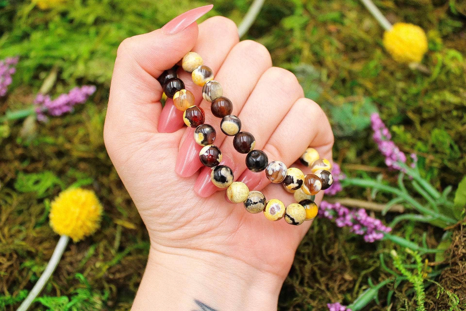 6-11 Crystals Crystal Yellow Dyed Orca Agate - Peace Round Bead Gemstone Bracelets
