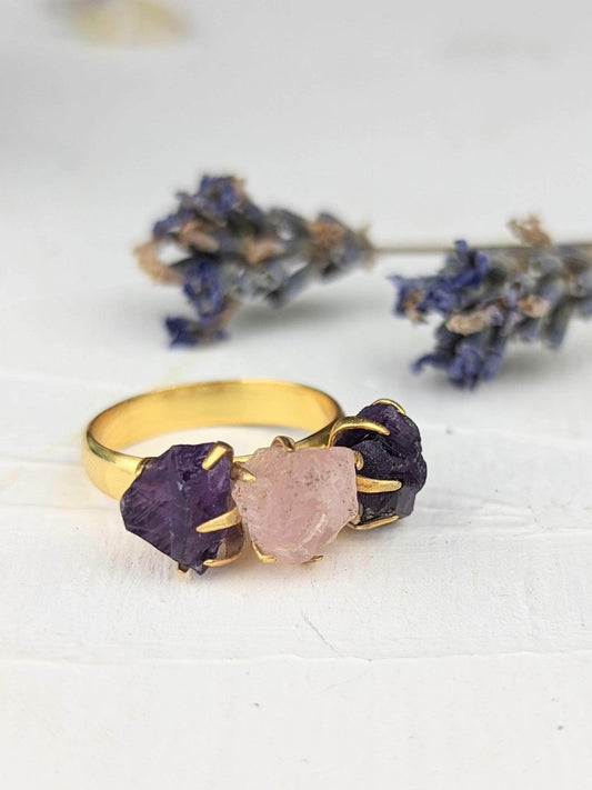 Ash & Rose ring 7 Amethyst/Rose Quartz Cluster Ring - Gold Amethyst/Rose Quartz Cluster Ring - Gold