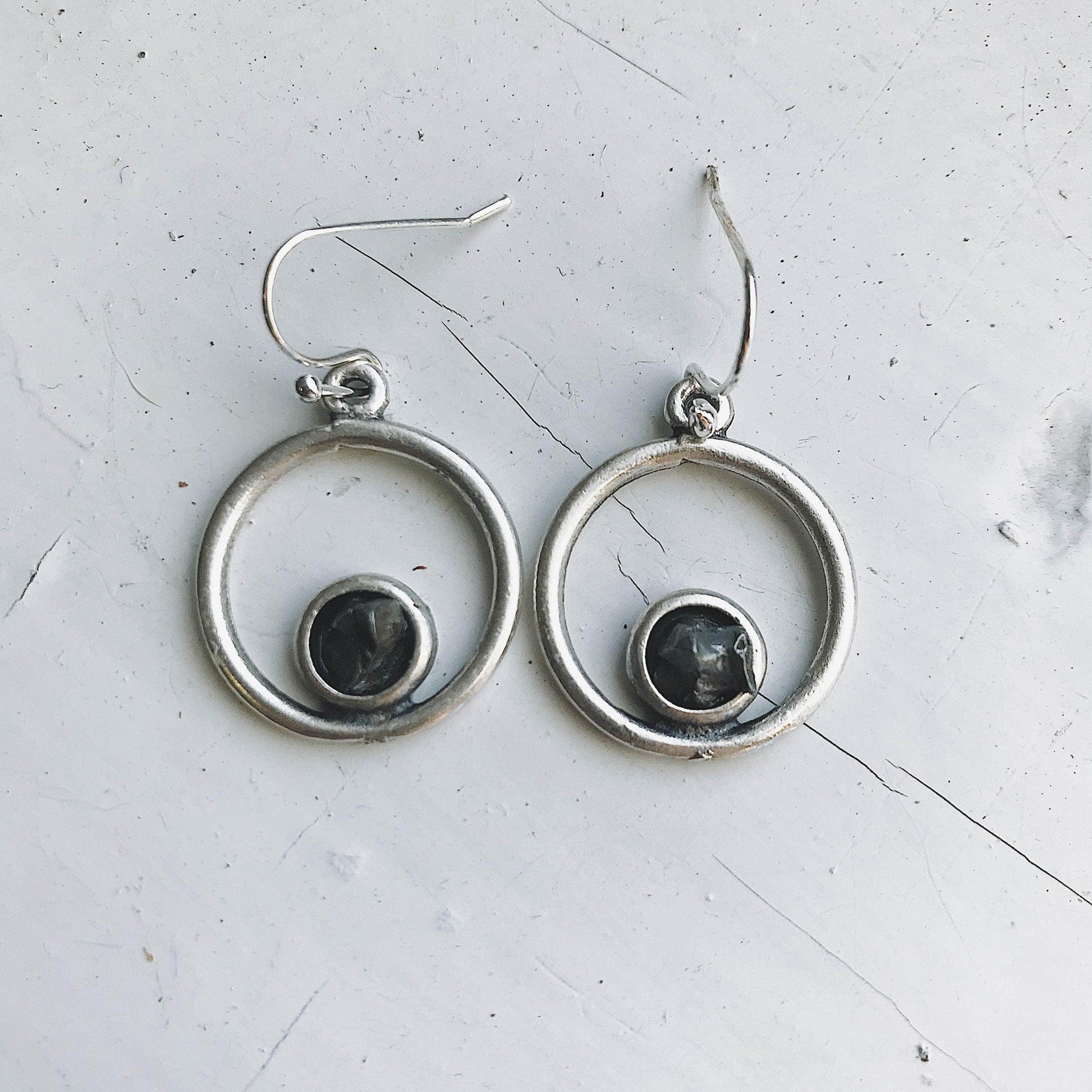 Yugen Handmade Earrings Circle Silver Earrings with Raw Meteorite Circle Silver Earrings with Raw Meteorite