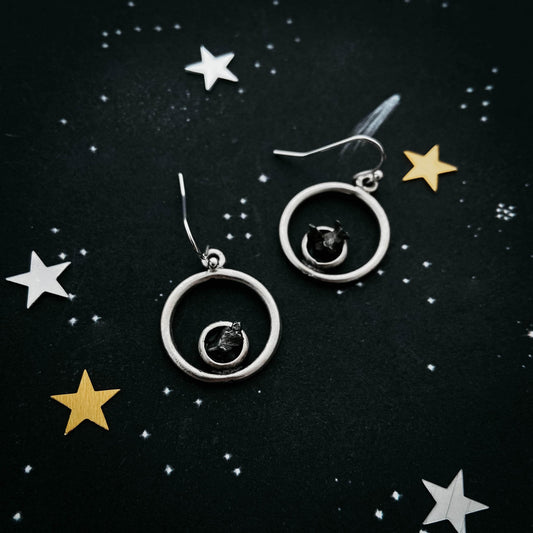 Yugen Handmade Earrings Circle Silver Earrings with Raw Meteorite Circle Silver Earrings with Raw Meteorite