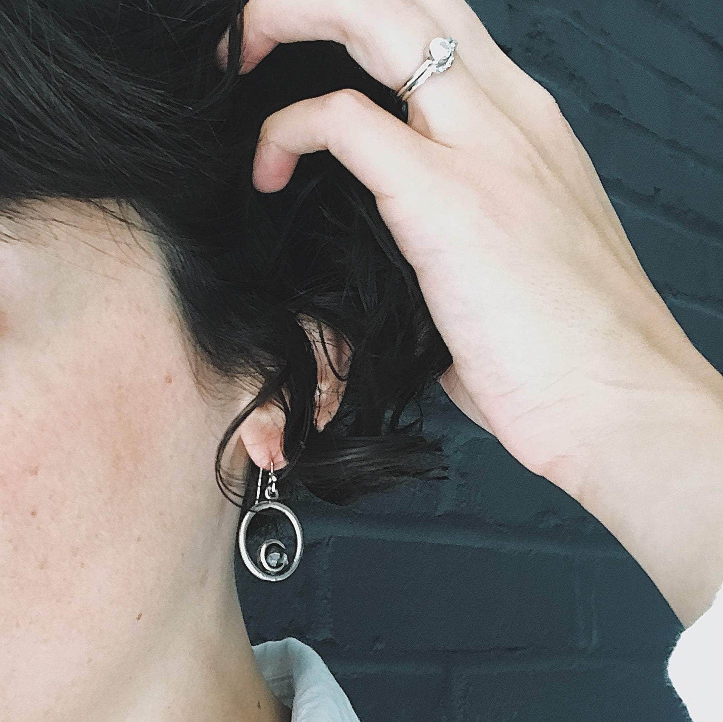 Yugen Handmade Earrings Circle Silver Earrings with Raw Meteorite Circle Silver Earrings with Raw Meteorite