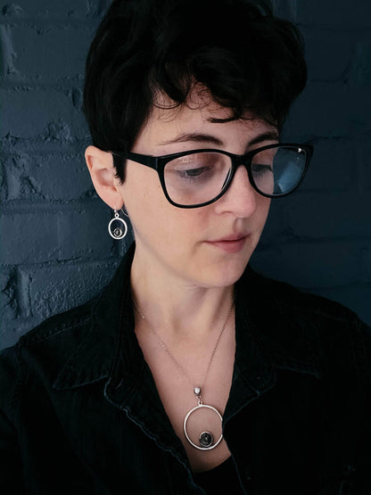 Yugen Handmade Earrings Circle Silver Earrings with Raw Meteorite Circle Silver Earrings with Raw Meteorite