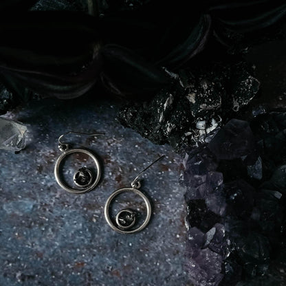 Yugen Handmade Earrings Circle Silver Earrings with Raw Meteorite Circle Silver Earrings with Raw Meteorite
