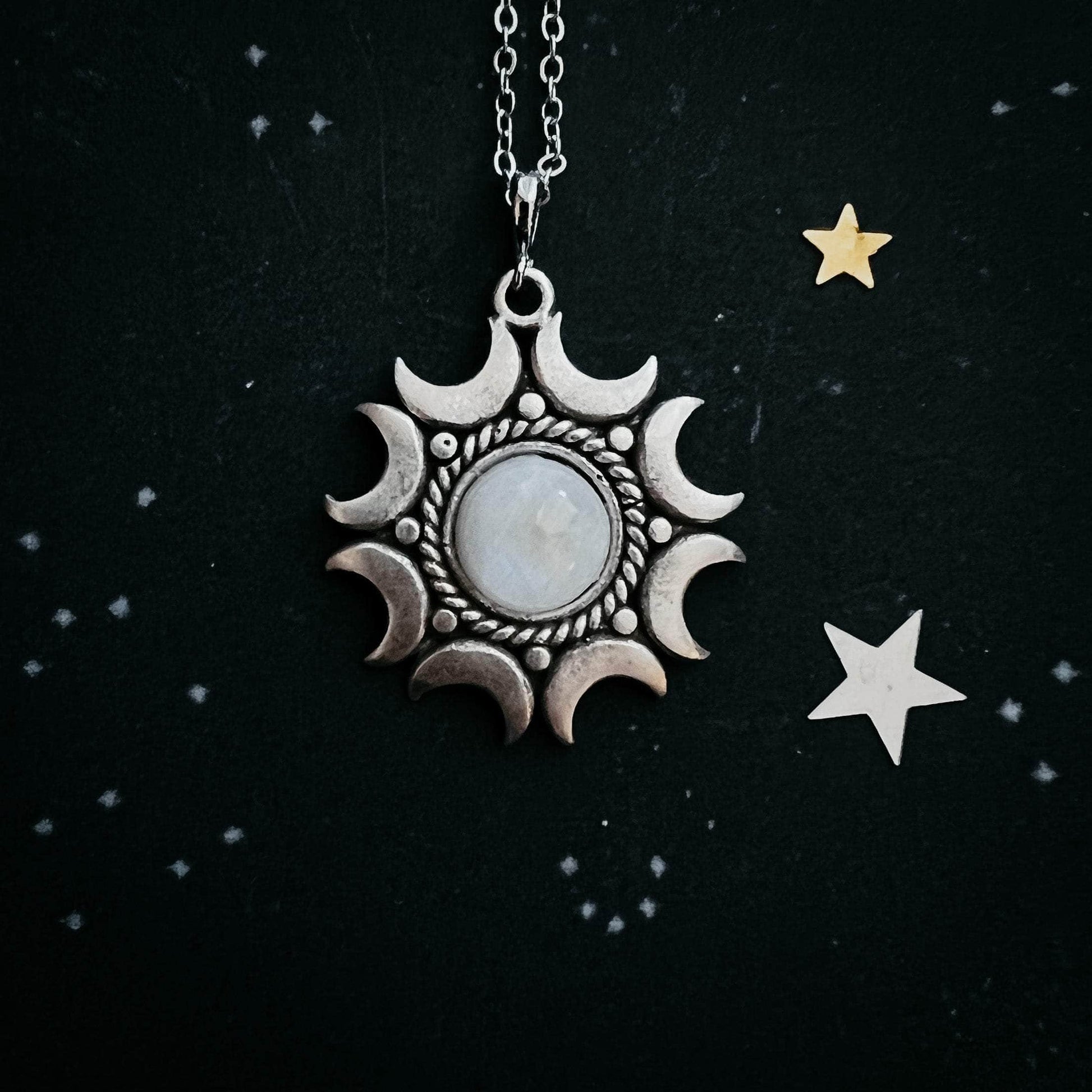 Yugen Handmade Necklace Silver Tone Lunar Witch Necklace - Rainbow Moonstone Pendant Lunar Witch Necklace - Rainbow Moonstone Pendant