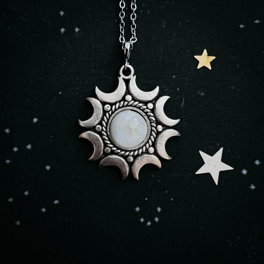 Yugen Handmade Necklace Silver Tone Lunar Witch Necklace - Rainbow Moonstone Pendant Lunar Witch Necklace - Rainbow Moonstone Pendant