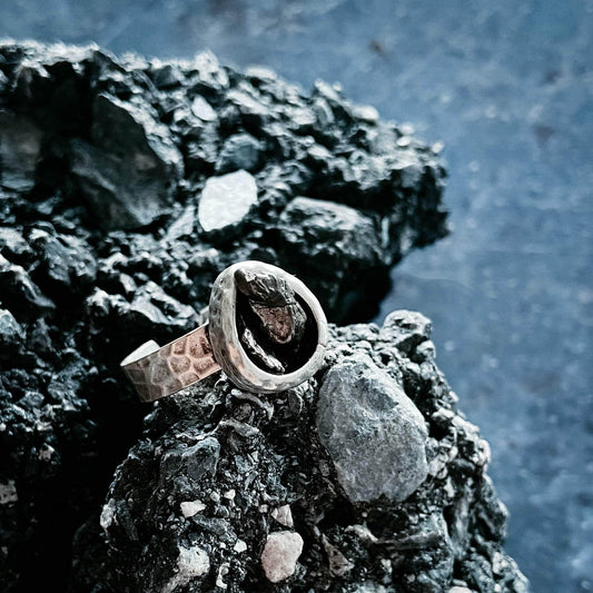 Yugen Handmade Ring Chunky Teardrop Raw Meteorite Ring in Silver Chunky Teardrop Raw Meteorite Ring in Silver