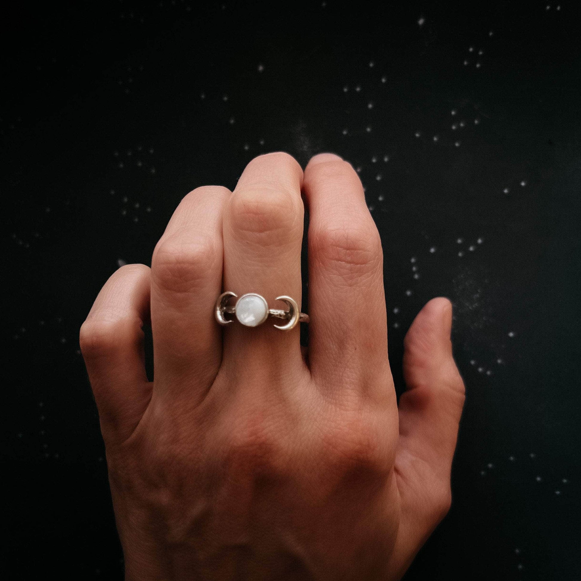 Yugen Handmade Ring Lunar Witch Crescent Moon Ring with Rainbow Moonstone Lunar Witch Crescent Moon Ring with Rainbow Moonstone
