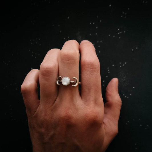Yugen Handmade Ring Lunar Witch Crescent Moon Ring with Rainbow Moonstone Lunar Witch Crescent Moon Ring with Rainbow Moonstone