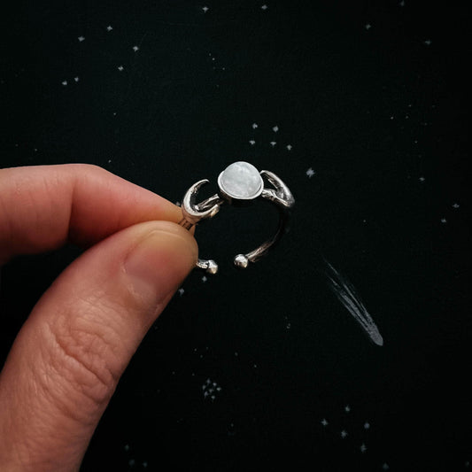 Yugen Handmade Ring Silver Lunar Witch Crescent Moon Ring with Rainbow Moonstone Lunar Witch Crescent Moon Ring with Rainbow Moonstone